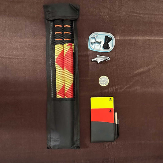 Referee tool set with flags, whistle, and cards